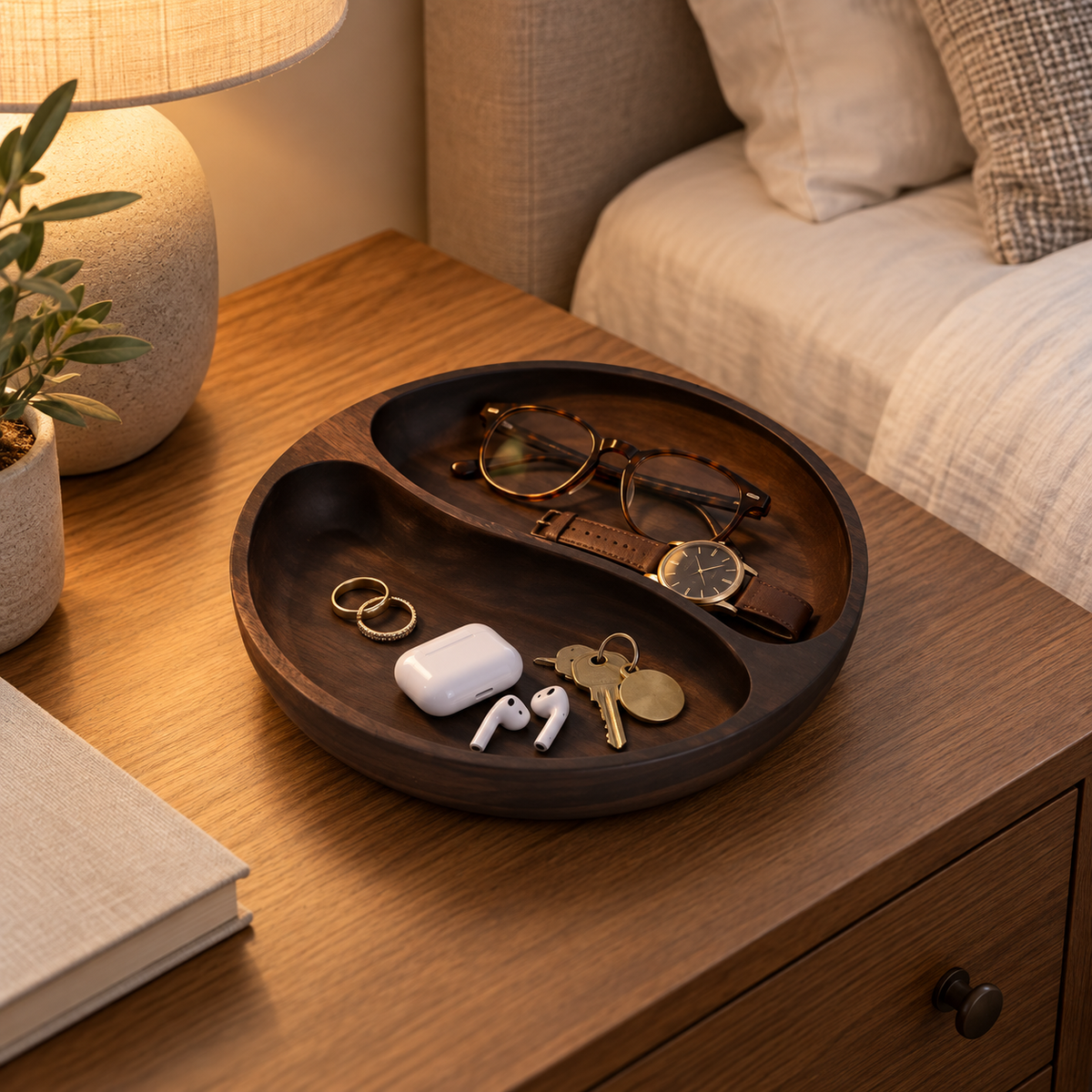 Vide-poche bol design en bois à 2 compartiments