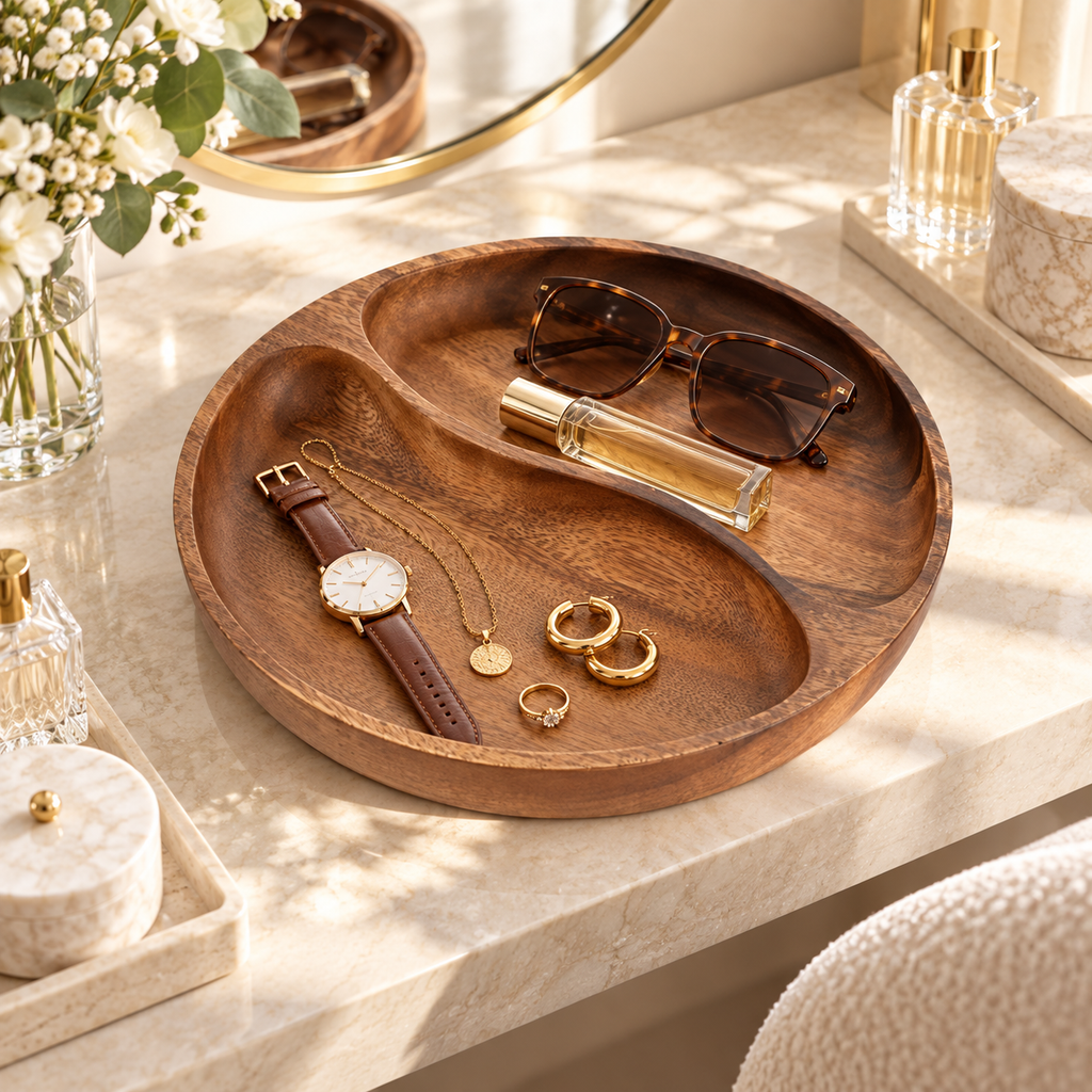Vide-poche bol design en bois à 2 compartiments