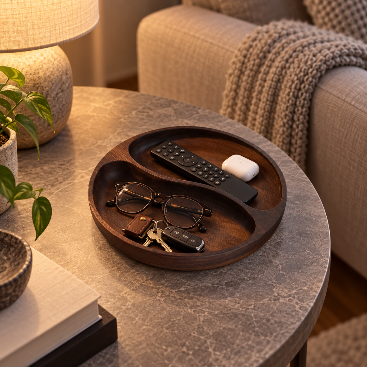 Vide-poche bol design en bois à 2 compartiments
