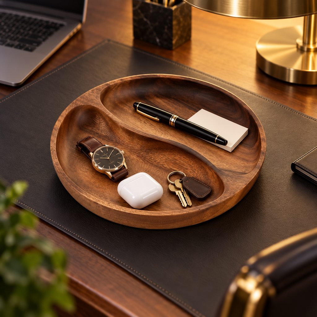 Vide-poche bol design en bois à 2 compartiments