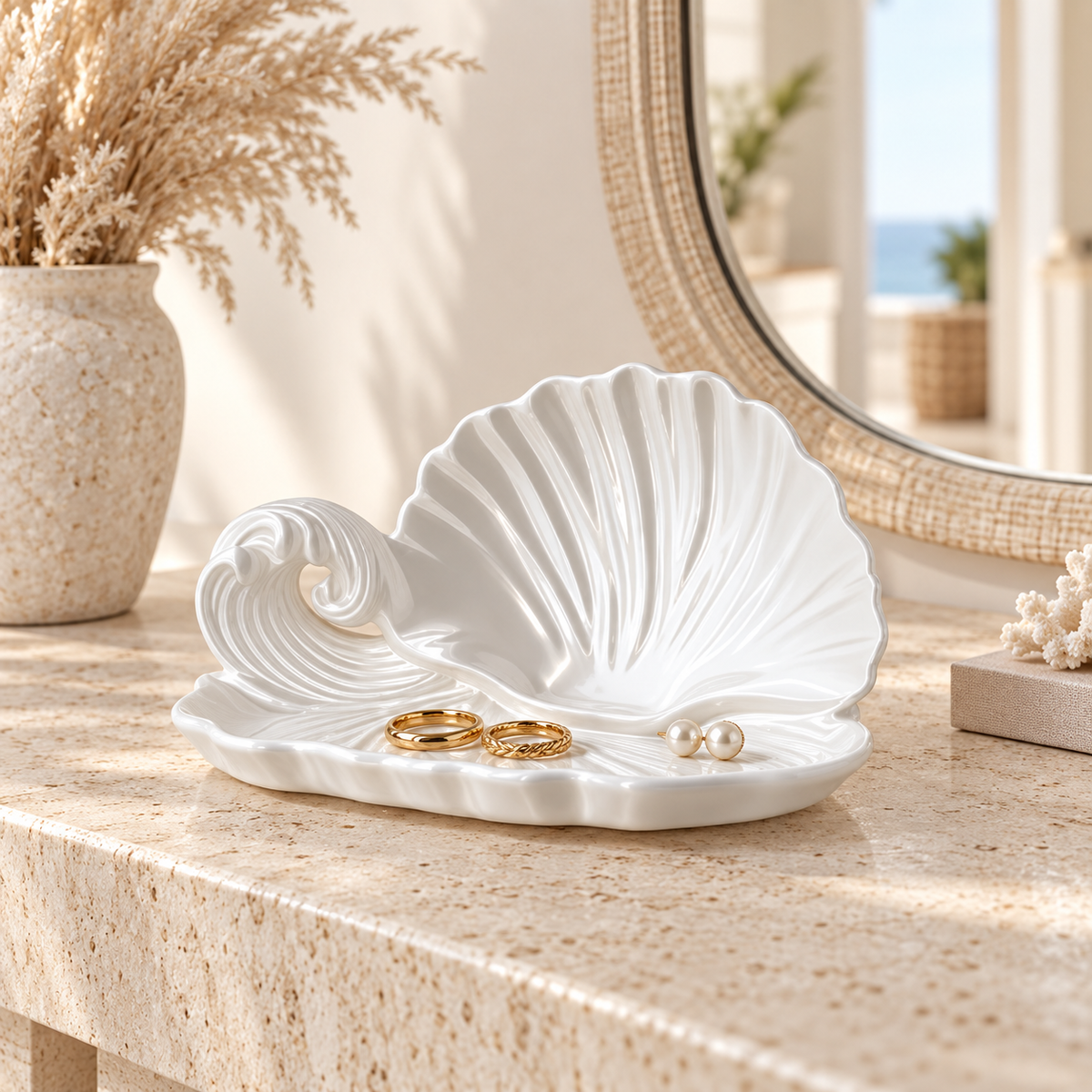 Vide-Poche Coquillage Blanc en Céramique pour Bijoux