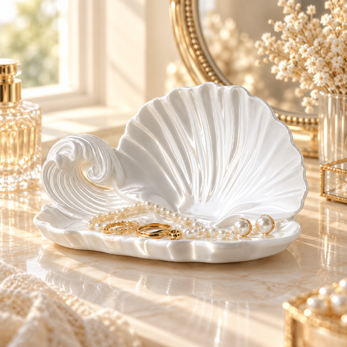 Vide-Poche Coquillage Blanc en Céramique pour Bijoux